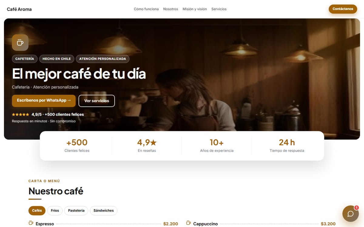 Página de ejemplo de una cafetería