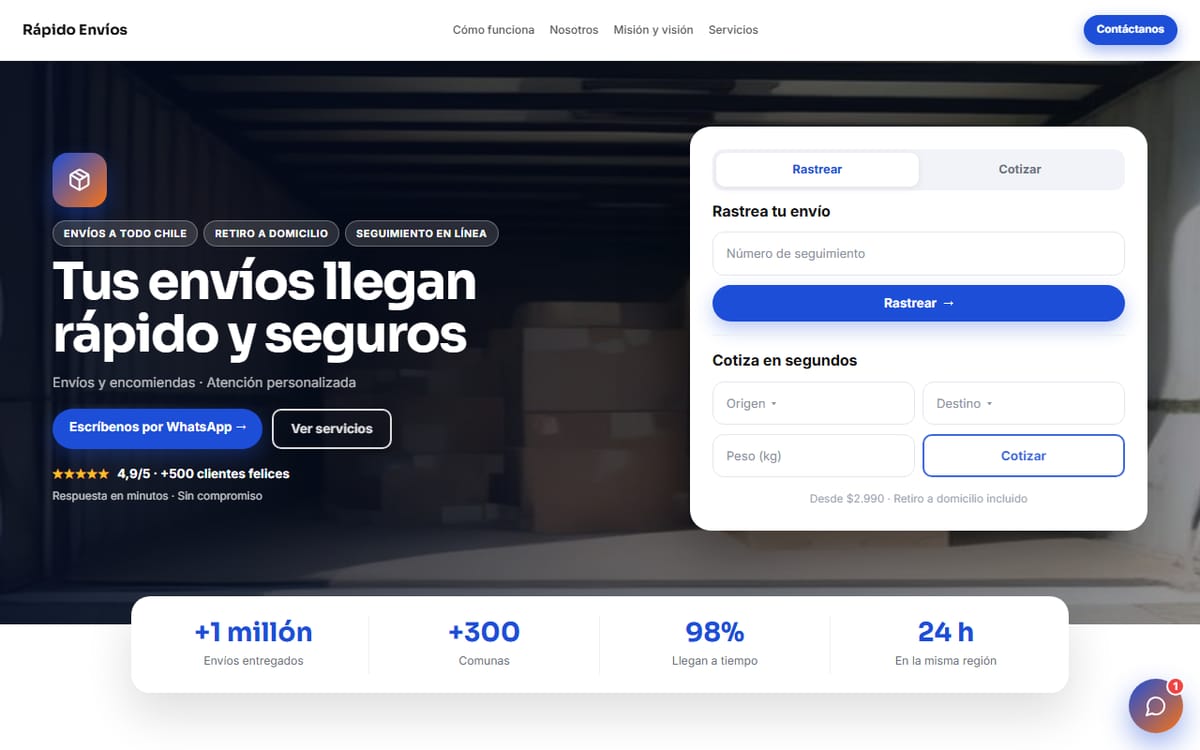 Página de ejemplo de una empresa de envíos